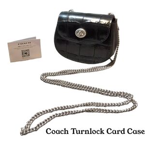 NEW Coach Turnlock Card Case - Black Croc Embossed Leather